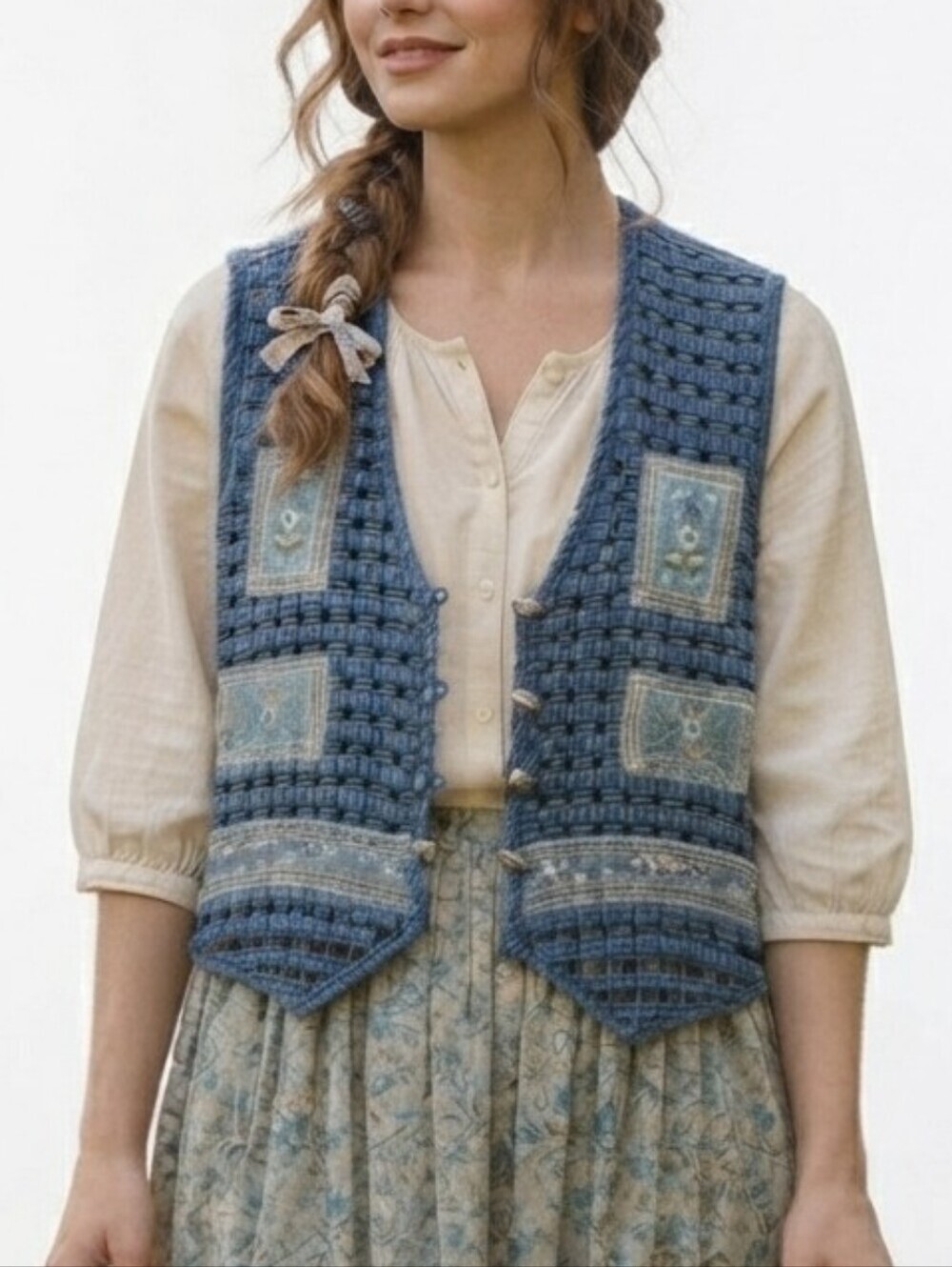 ​VTG Life Style Blue Embroidered Floral Lattice Crochet Cottagecore Vest